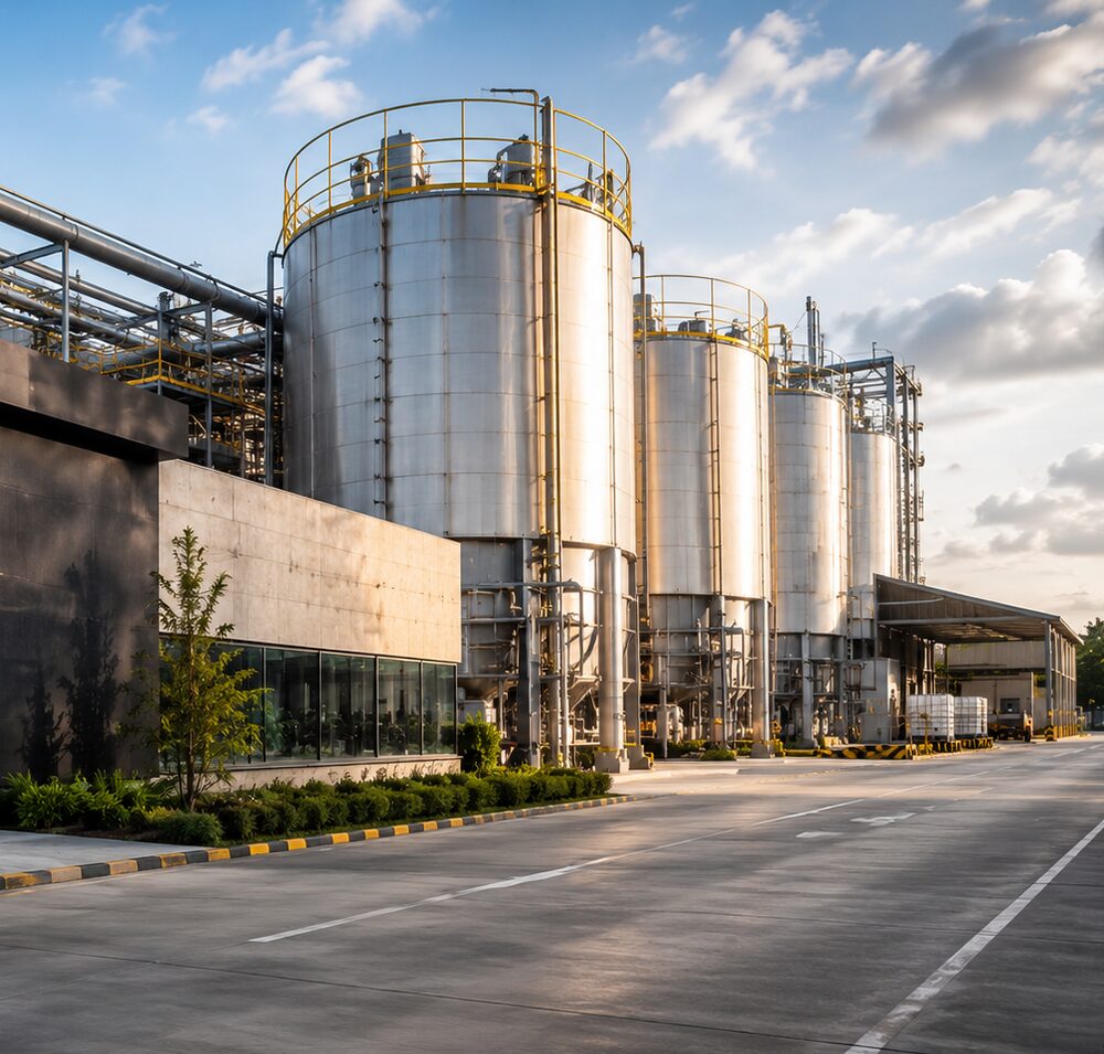 Planta industrial con tanques de almacenamiento y silos utilizada como referencia de suministros industriales