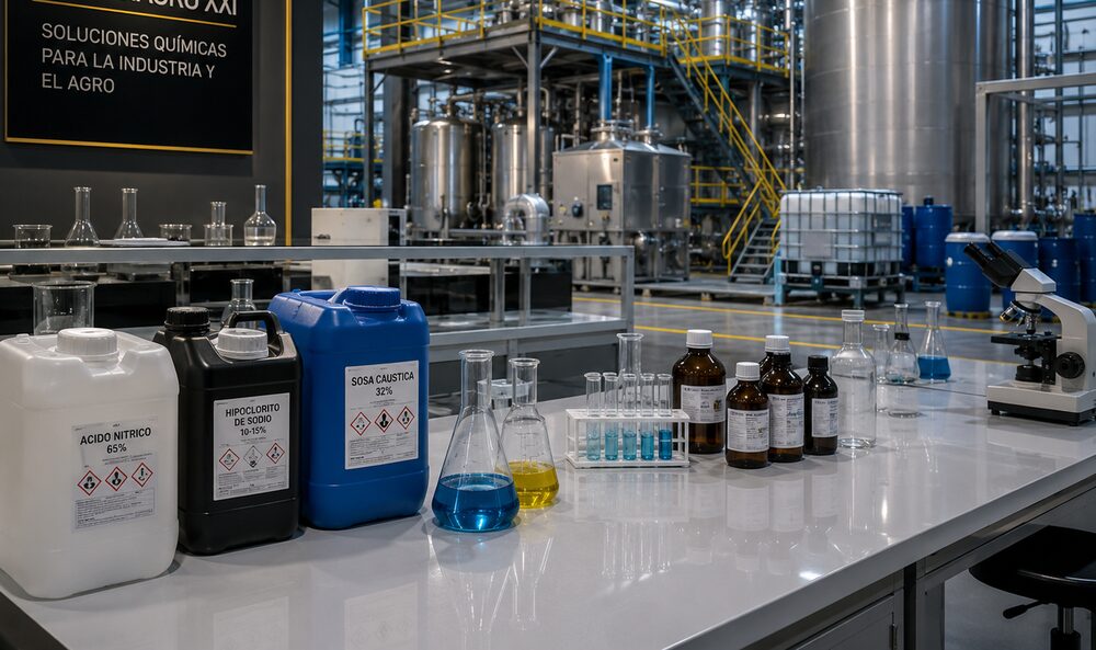 Laboratorio de control de calidad de HMSOCIAGRO XXI con reactivos químicos, material de vidrio y planta industrial al fondo